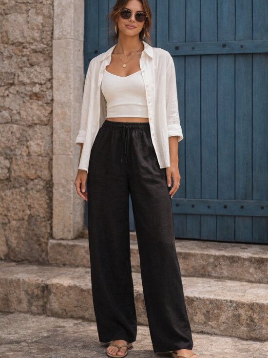 H&M Pants - H&M Linen Blend Wide Leg Pants Black Drawstring High Rise